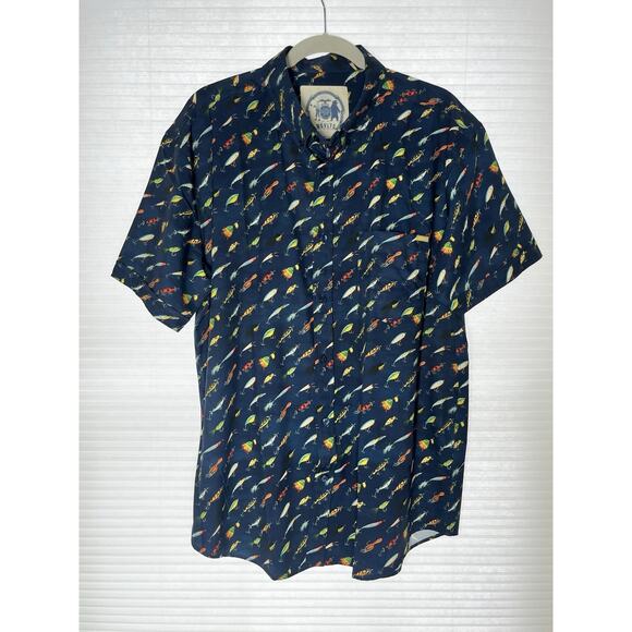 RSVLTS Fishing Lures Camp Shirt Mens XL "Lure 'em in" Navy Blue Button Kunuflex - Picture 1 of 12